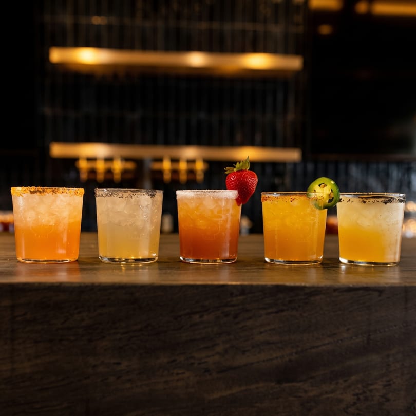 Five colorful cocktails with various garnishes, including strawberry and jalapeño, on a dark wooden bar.